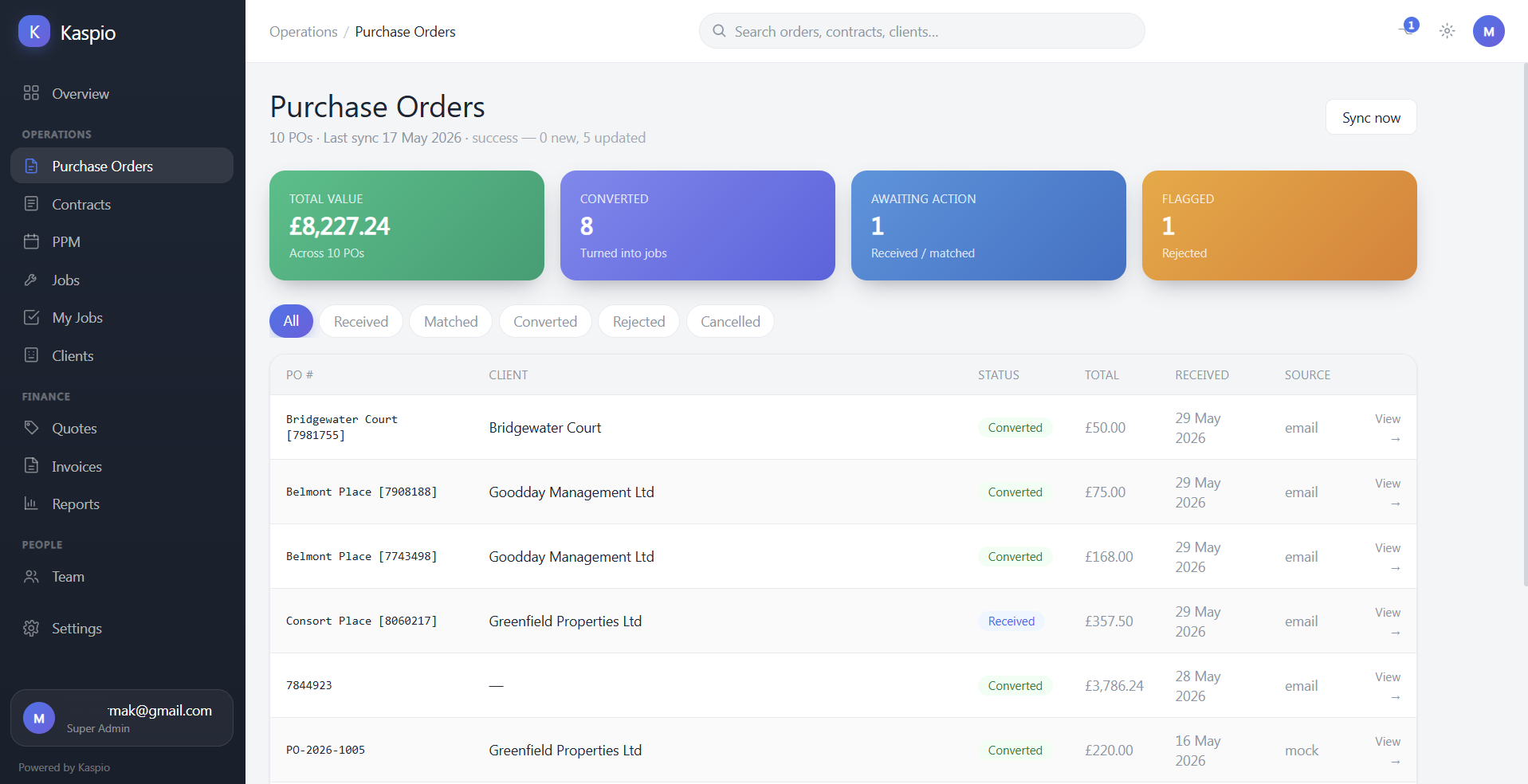 Kaspio CMMS purchase orders and job management on desktop